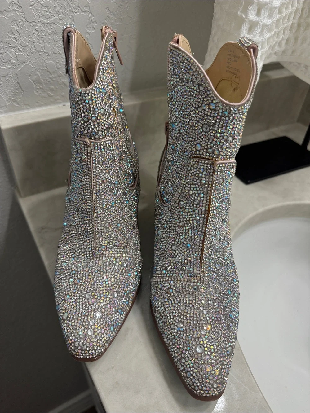 Betsey Johnson Iridescent Crystal Embellished Ankle Booties - Pink Accent